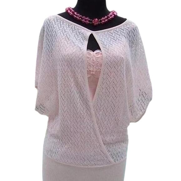 Cache Pink Knit Peek A Boo Faux Wrap Top New Metallic Kissed Plunging V NWT $118 - Picture 9 of 11